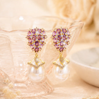 Water Droplets Earrings For Women Featuring Purple Rhinestones With Copper Studs