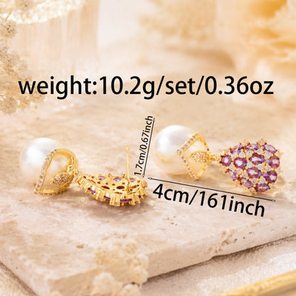 Water Droplets Earrings For Women Featuring Purple Rhinestones With Copper Studs