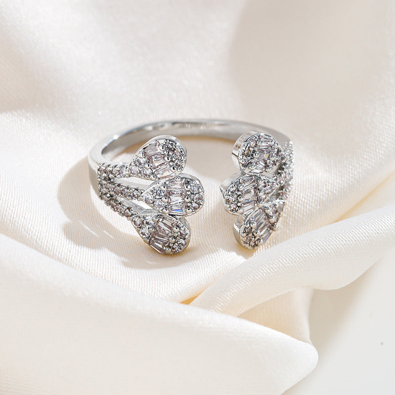 Open Rings With Water Droplets Design For Women, Electroplated Copper Featuring Zircon Inlay