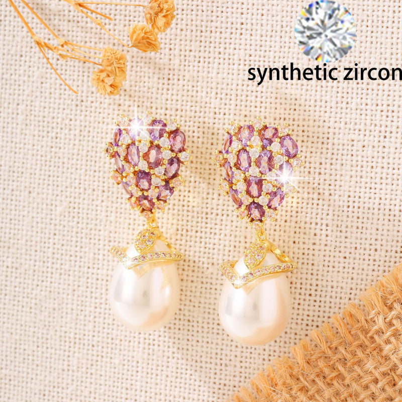 Water Droplets Earrings For Women Featuring Purple Rhinestones With Copper Studs