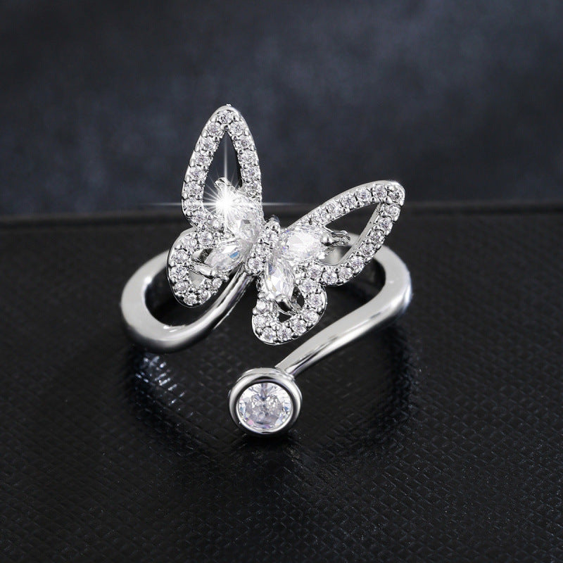 Butterfly Copper Ring For Women With Zircon Inlay, Available In Gold