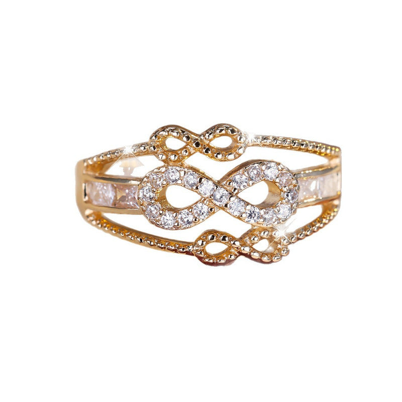 Infinity Ring For Women In Simple Style, Copper With Electroplated Gold And Zircon Inlay