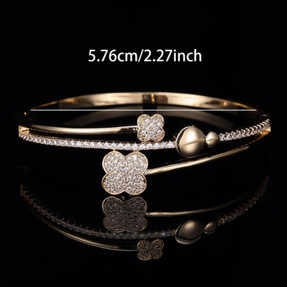 Lucky Heart Copper Bangle With Zircon Inlay, Simple Style For Women
