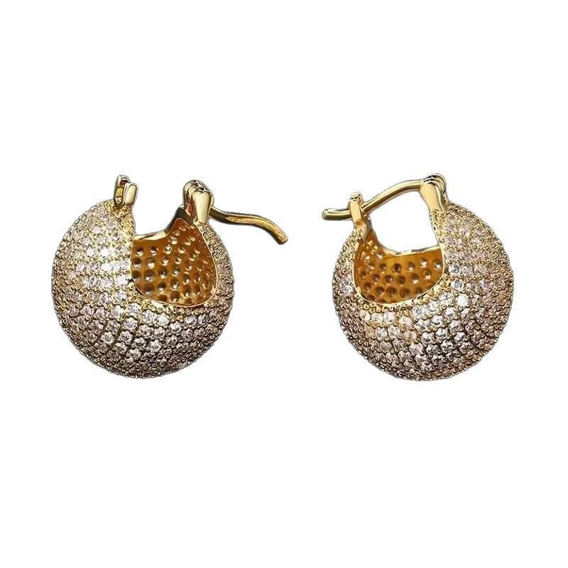 Hip-Hop Ball Earrings For Women In Gold Copper With Zircon Inlay Featuring Bezel Setting