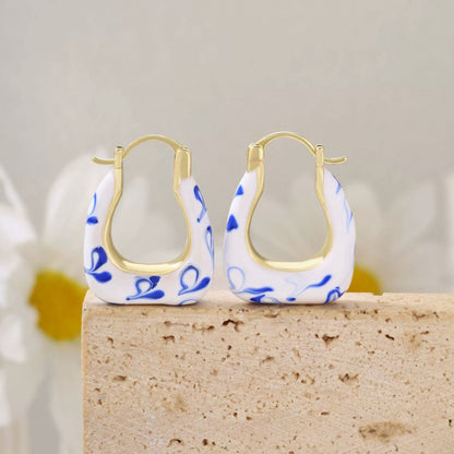 U Shape Stud Earrings For Women In Cyan Featuring Electroplated Finish And Copper Ear Pins