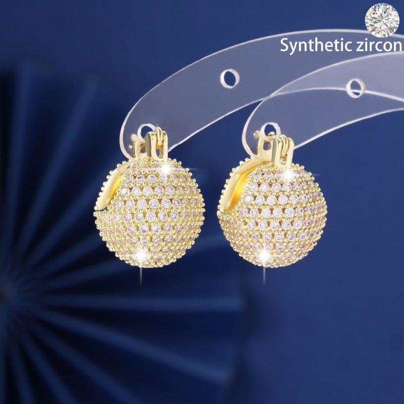 Hip-Hop Ball Earrings For Women In Gold Copper With Zircon Inlay Featuring Bezel Setting