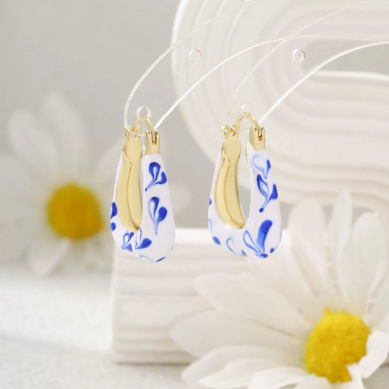 U Shape Stud Earrings For Women In Cyan Featuring Electroplated Finish And Copper Ear Pins