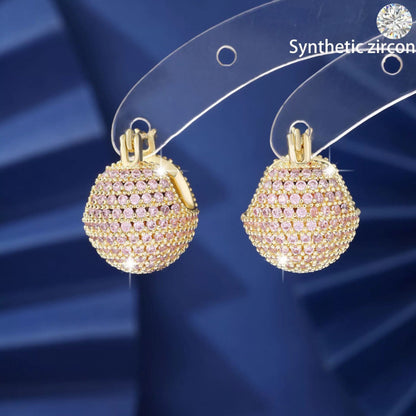Hip-Hop Ball Earrings For Women In Gold Copper With Zircon Inlay Featuring Bezel Setting