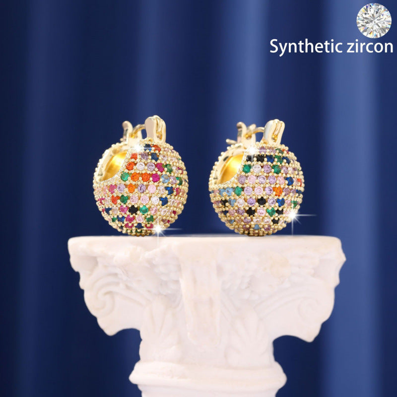 Hip-Hop Ball Earrings For Women In Gold Copper With Zircon Inlay Featuring Bezel Setting