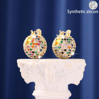 Hip-Hop Ball Earrings For Women In Gold Copper With Zircon Inlay Featuring Bezel Setting