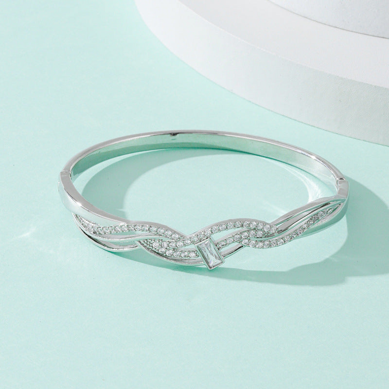 Elegant Electroplated Copper Bangle With Zircon Inlay, Featuring Stretch Adjustable Clasp