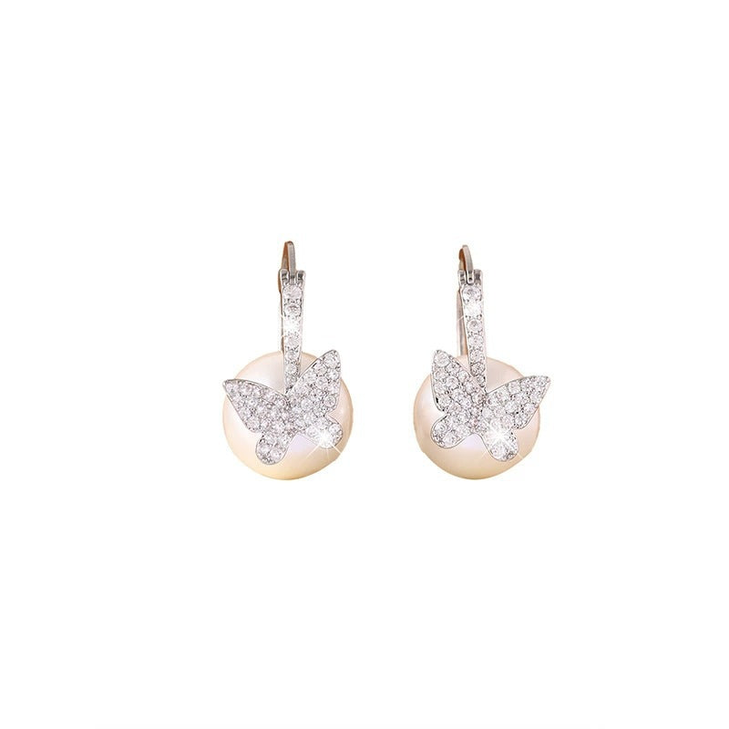 Butterfly Earrings For Women Featuring Electroplated Finish And Copper Studs With Artificial Pearl Inlay