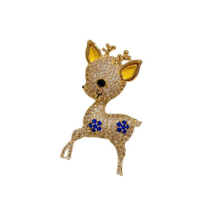 Deer Pin Made Of Copper With Zircon Inlay, Electroplated Finish, Perfect For Christmas