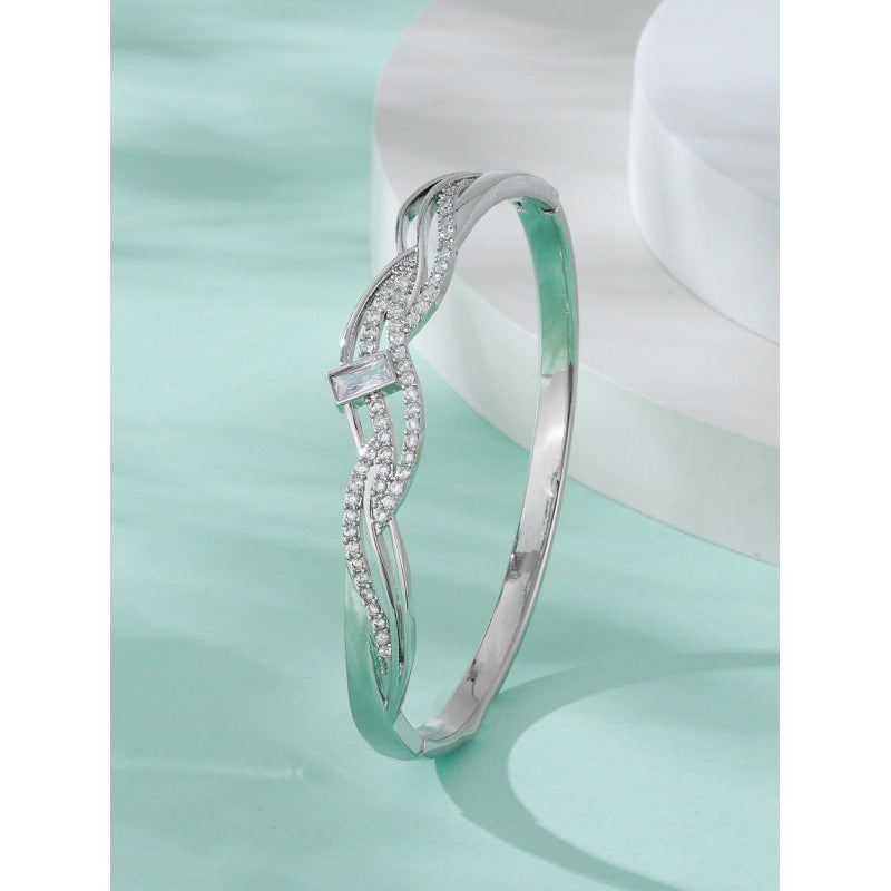 Elegant Electroplated Copper Bangle With Zircon Inlay, Featuring Stretch Adjustable Clasp