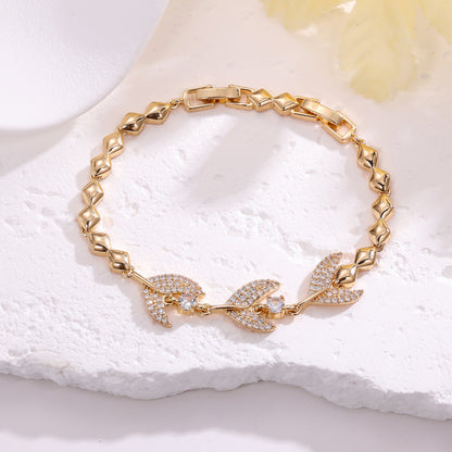 Leaves Pattern Women’s Bracelet In Gold Electroplated Copper With Zircon Inlay