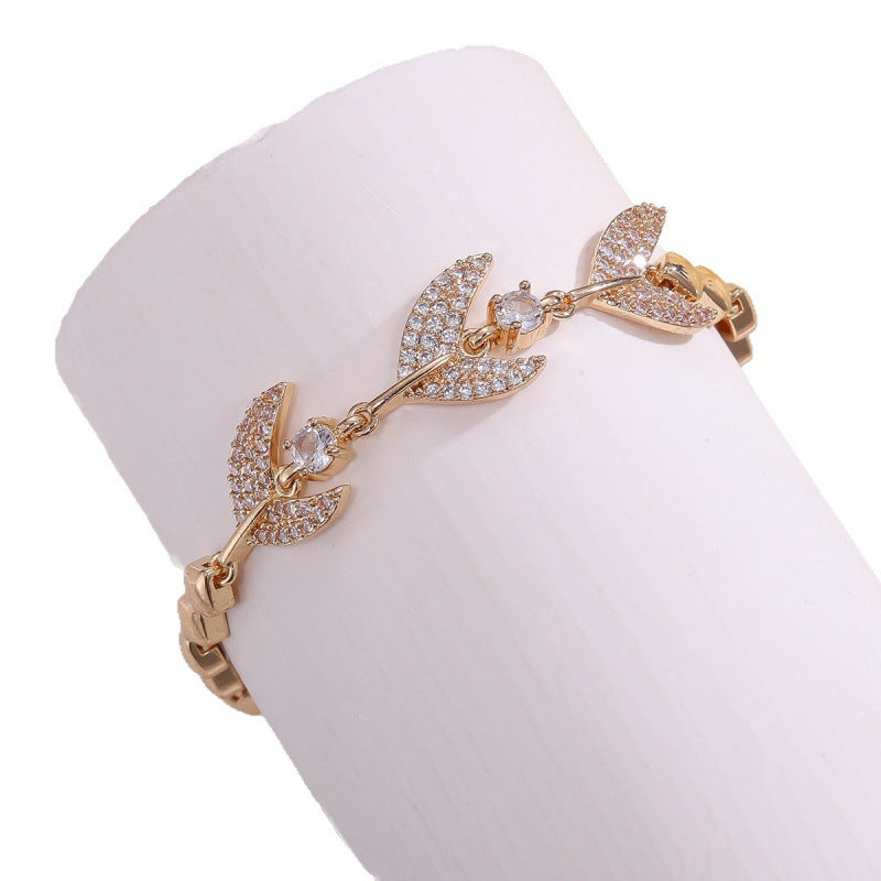 Leaves Pattern Women’s Bracelet In Gold Electroplated Copper With Zircon Inlay