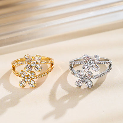 Simple Style Flowers Ring For Women With Bezel Setting, Electroplated Copper And Zircon Inlay