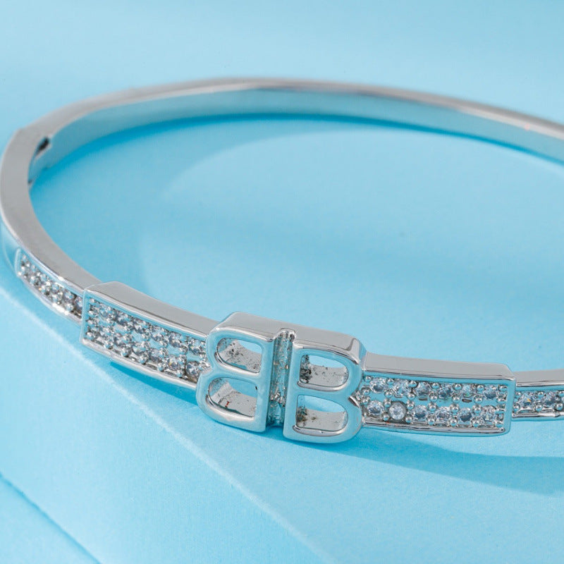 Women’s Letter Pattern Inlay Bangle In Copper With Silver Plated Electroplated Finish And Zircon Inlay