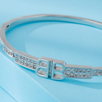 Women’s Letter Pattern Inlay Bangle In Copper With Silver Plated Electroplated Finish And Zircon Inlay
