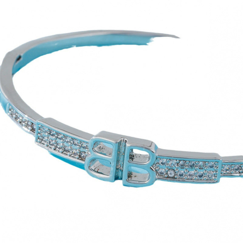 Women’s Letter Pattern Inlay Bangle In Copper With Silver Plated Electroplated Finish And Zircon Inlay