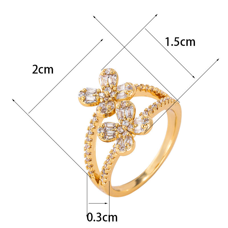 Simple Style Flowers Ring For Women With Bezel Setting, Electroplated Copper And Zircon Inlay