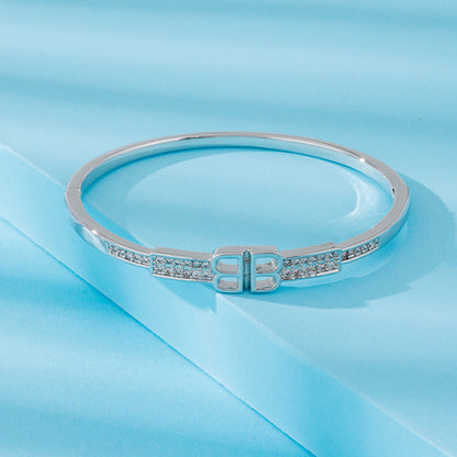 Women’s Letter Pattern Inlay Bangle In Copper With Silver Plated Electroplated Finish And Zircon Inlay