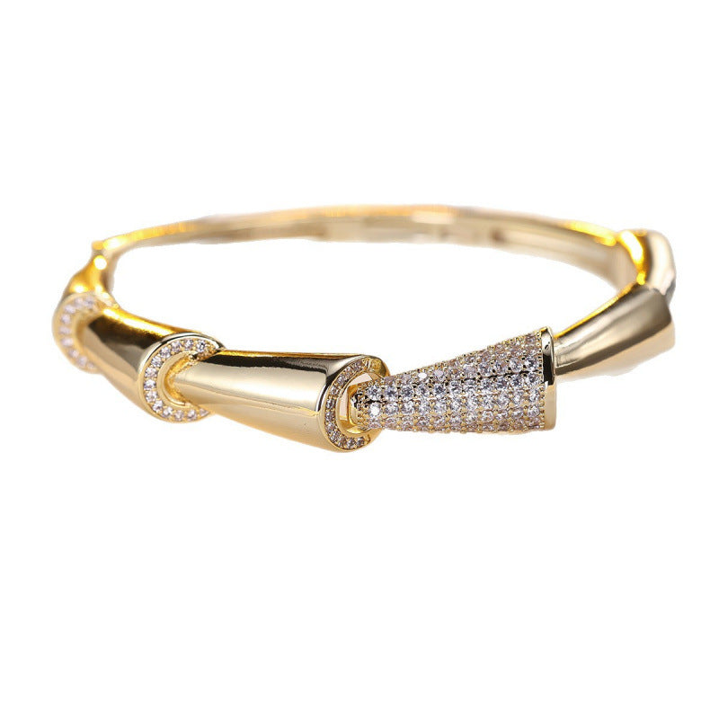 Geometric Copper Bangle With Electroplated Gold Plating And Zircon Inlay, Perfect For Banquet Wear