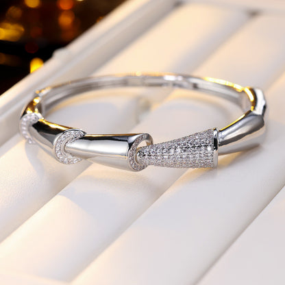 Geometric Copper Bangle With Electroplated Gold Plating And Zircon Inlay, Perfect For Banquet Wear