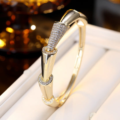 Geometric Copper Bangle With Electroplated Gold Plating And Zircon Inlay, Perfect For Banquet Wear