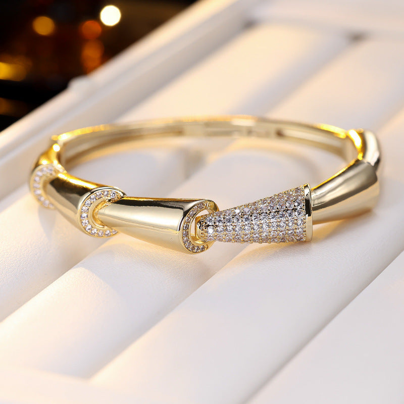 Geometric Copper Bangle With Electroplated Gold Plating And Zircon Inlay, Perfect For Banquet Wear