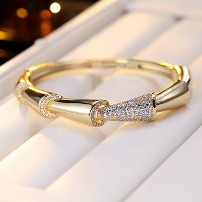 Geometric Copper Bangle With Electroplated Gold Plating And Zircon Inlay, Perfect For Banquet Wear