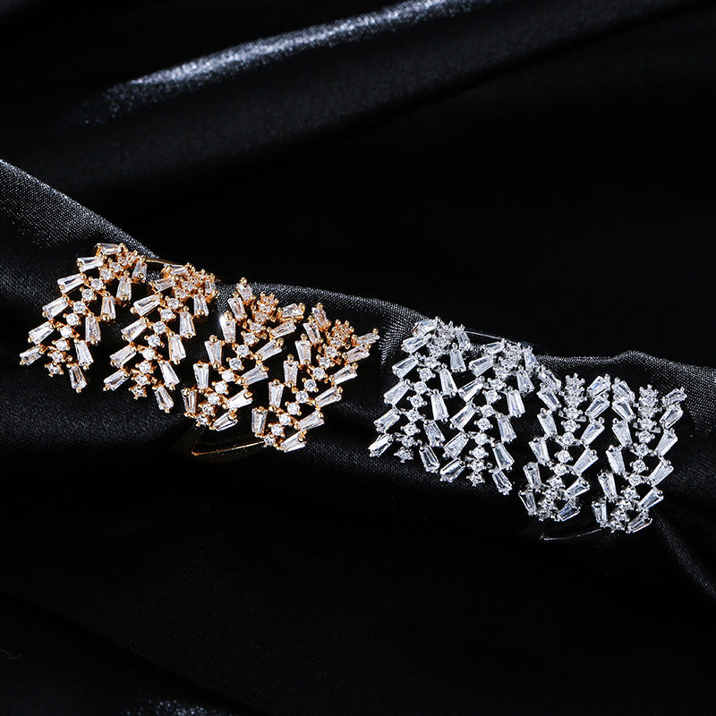 Retro Square Open Ring For Women In Electroplated Copper With Zircon Inlay