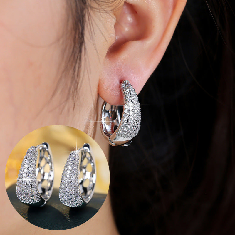 U Shape Earrings For Women In Silver Featuring Copper Ear Pins And Zircon Inlay