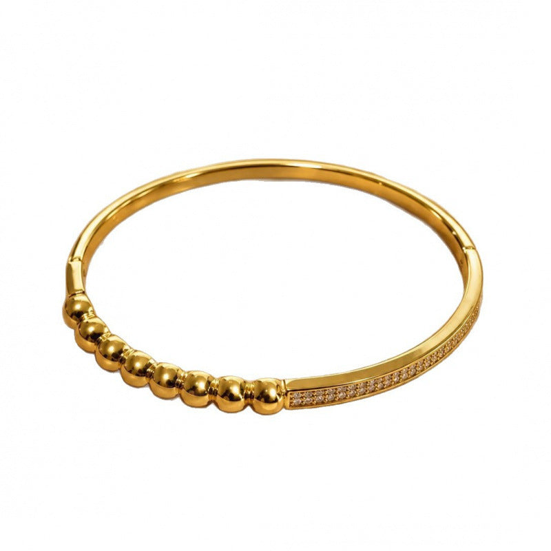 Round Copper Bangle For Women In Simple Style With Zircon Inlay And Electroplated Gold Plating