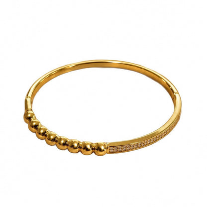 Round Copper Bangle For Women In Simple Style With Zircon Inlay And Electroplated Gold Plating