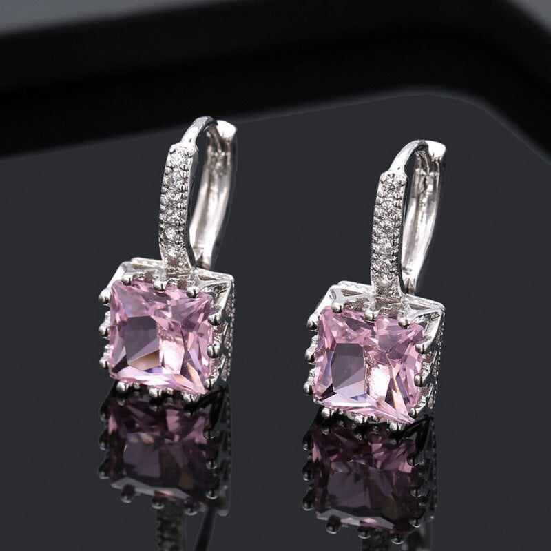 Square Earrings For Women, Copper With Electroplated Gold Plating And Zircon Inlay