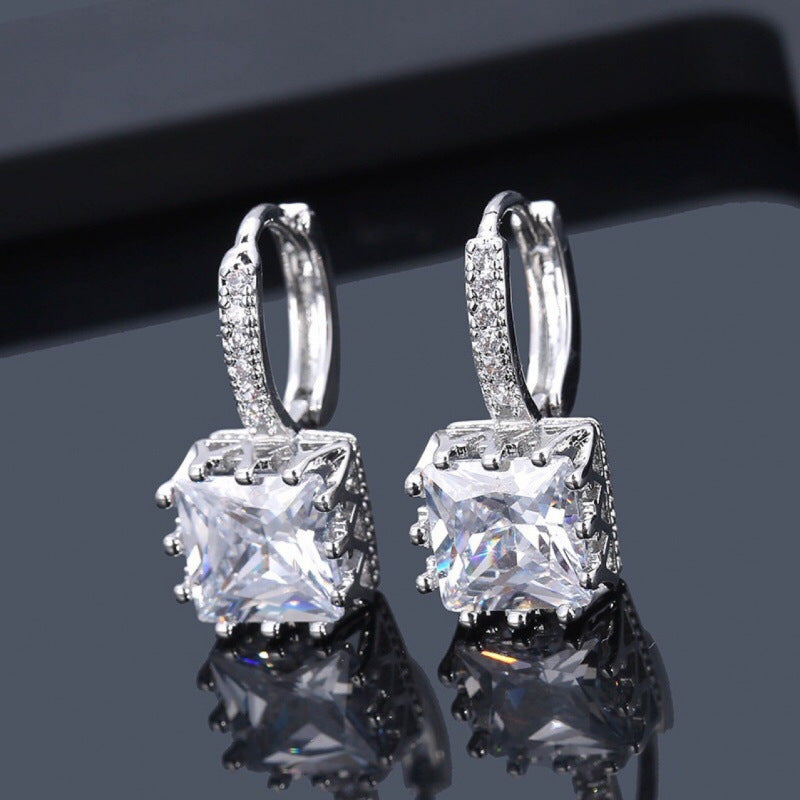Square Earrings For Women, Copper With Electroplated Gold Plating And Zircon Inlay