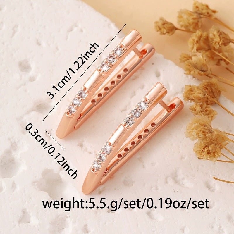 V Shape Stud Earrings For Women In Rose Gold Featuring Copper Ear Pins And Zircon Inlay