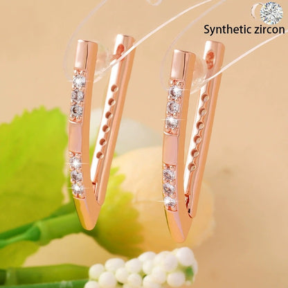 V Shape Stud Earrings For Women In Rose Gold Featuring Copper Ear Pins And Zircon Inlay