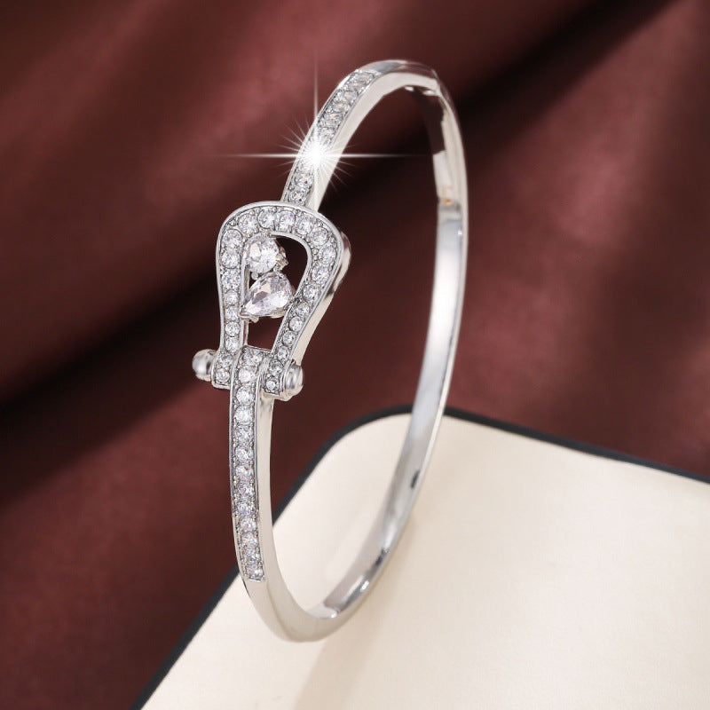 Geometric Copper Bangle For Women With Zircon Inlay In Gold