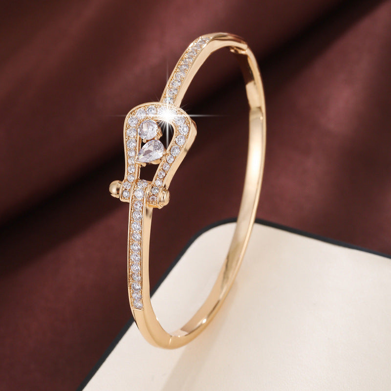 Geometric Copper Bangle For Women With Zircon Inlay In Gold