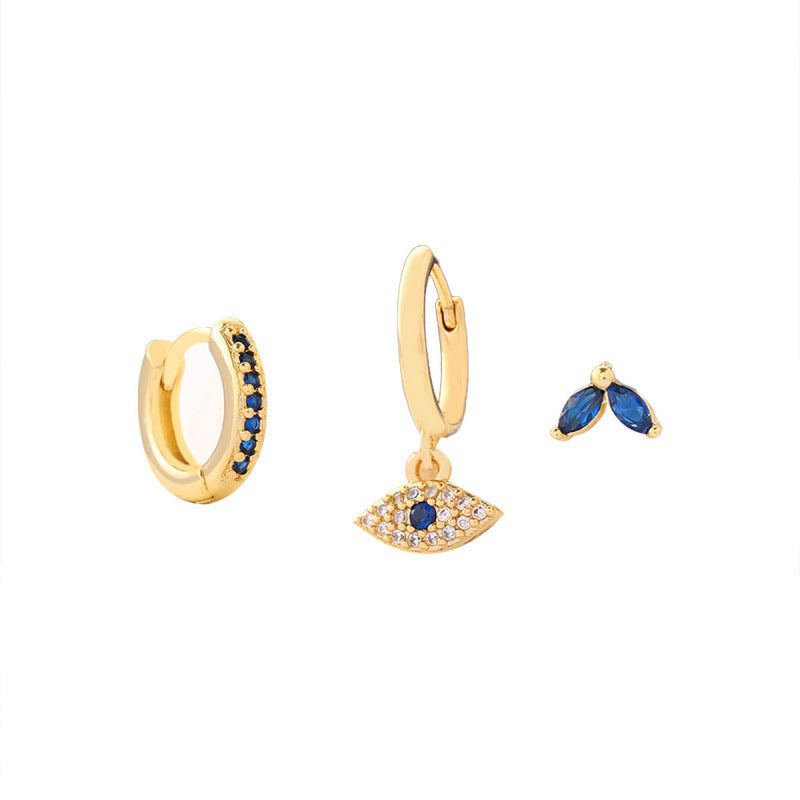Devil's Eye Earrings For Women Featuring Blue Rhinestones With Copper Studs, 1 Set