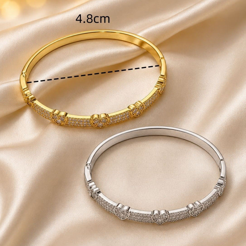 Luxurious Heart Shape Bangle With Zircon Inlay, Electroplated Copper Jewelry