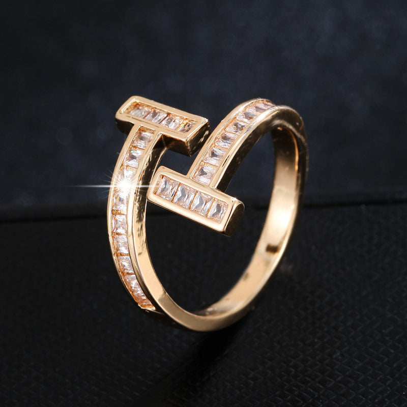 Geometric Open Rings For Women In Gold Electroplated Copper With Zircon Inlay