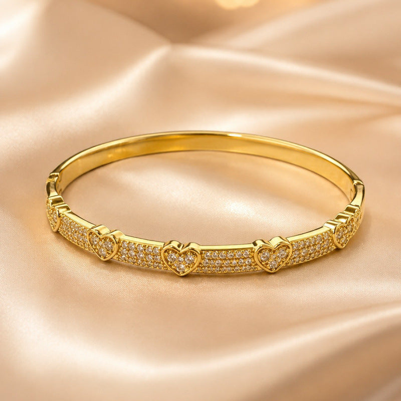 Luxurious Heart Shape Bangle With Zircon Inlay, Electroplated Copper Jewelry