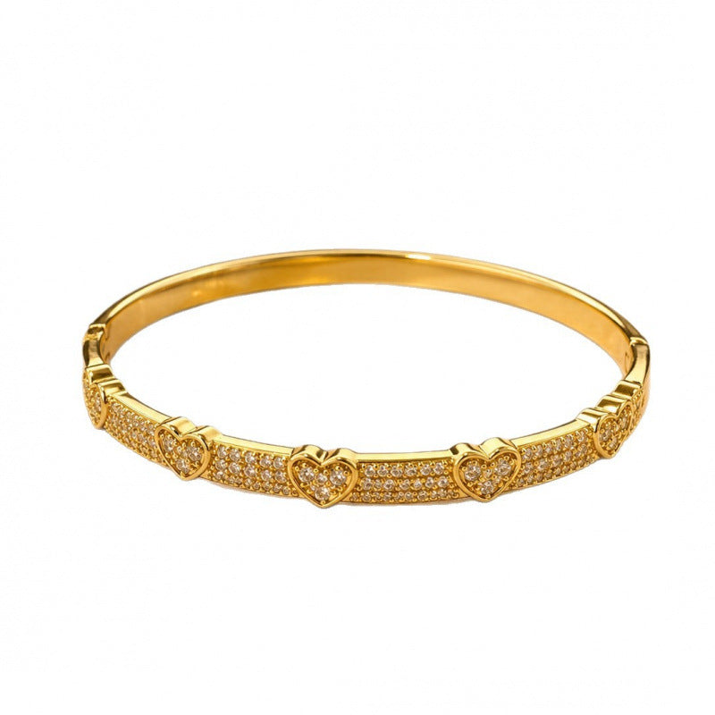 Luxurious Heart Shape Bangle With Zircon Inlay, Electroplated Copper Jewelry