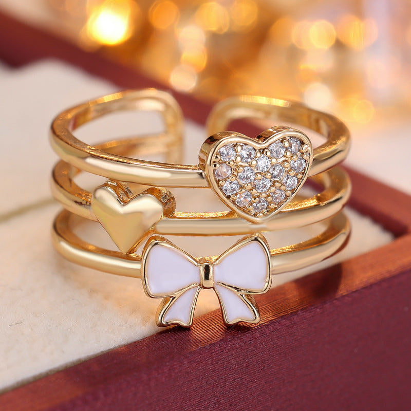 Elegant Heart Shape Open Ring For Women, Elaborate Copper Design With Zircon Inlay