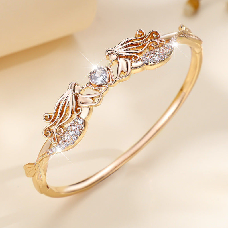 Elegant Mermaid Inlay Bangle For Women, Copper Material With Zircon Inlay, Electroplated Gold Plating