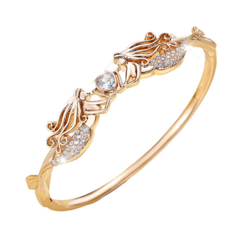 Elegant Mermaid Inlay Bangle For Women, Copper Material With Zircon Inlay, Electroplated Gold Plating