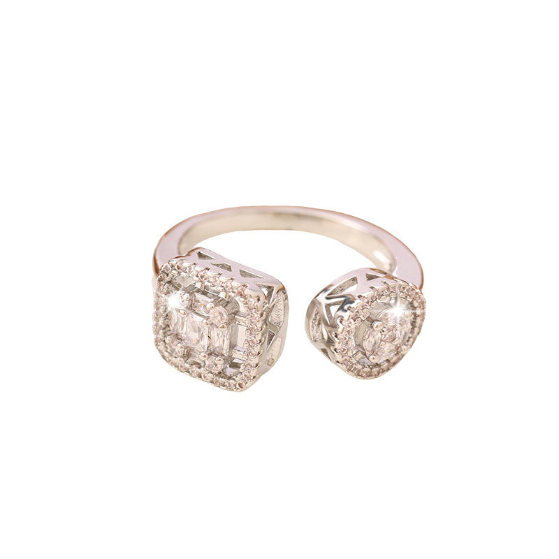 Square Copper Ring For Women With Electroplated Gold Plating And White Rhinestone Inlay